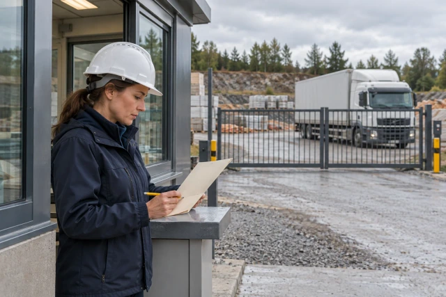 A logistics coordinator reviews a plain booking sheet at a quiet site entry with a parked truck behind a closed gate.