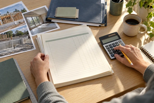 A billing coordinator checks an unlettered progress worksheet with a calculator and project records.