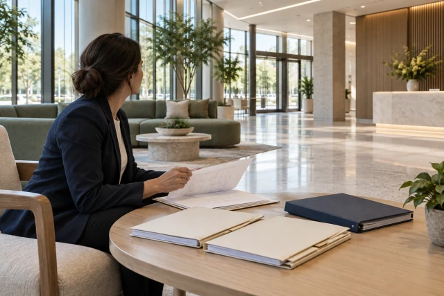 A fictional closeout coordinator reviews document folders in a quiet completed commercial lobby.