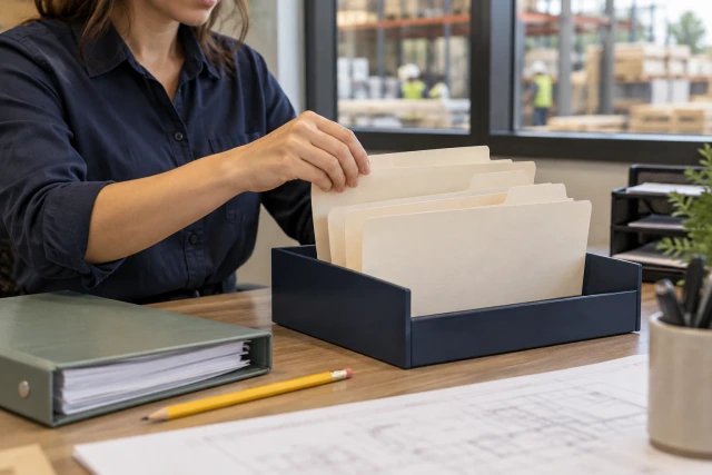 A fictional office coordinator sorts ivory document folders at a construction-company records station.