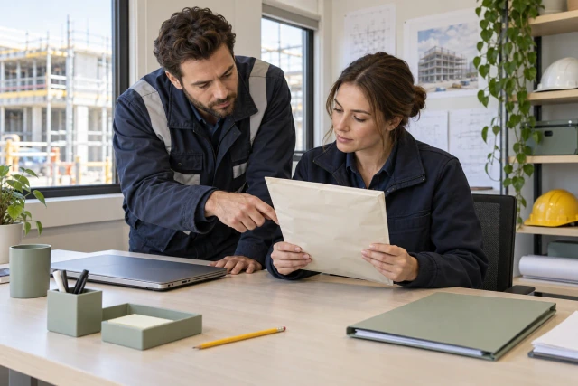 A project engineer and purchasing coordinator review a plain product packet beside a separate order folder.