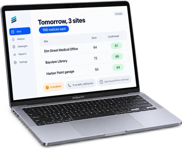 Illustrative crew confirmations across three job sites in a browser workspace on a MacBook
