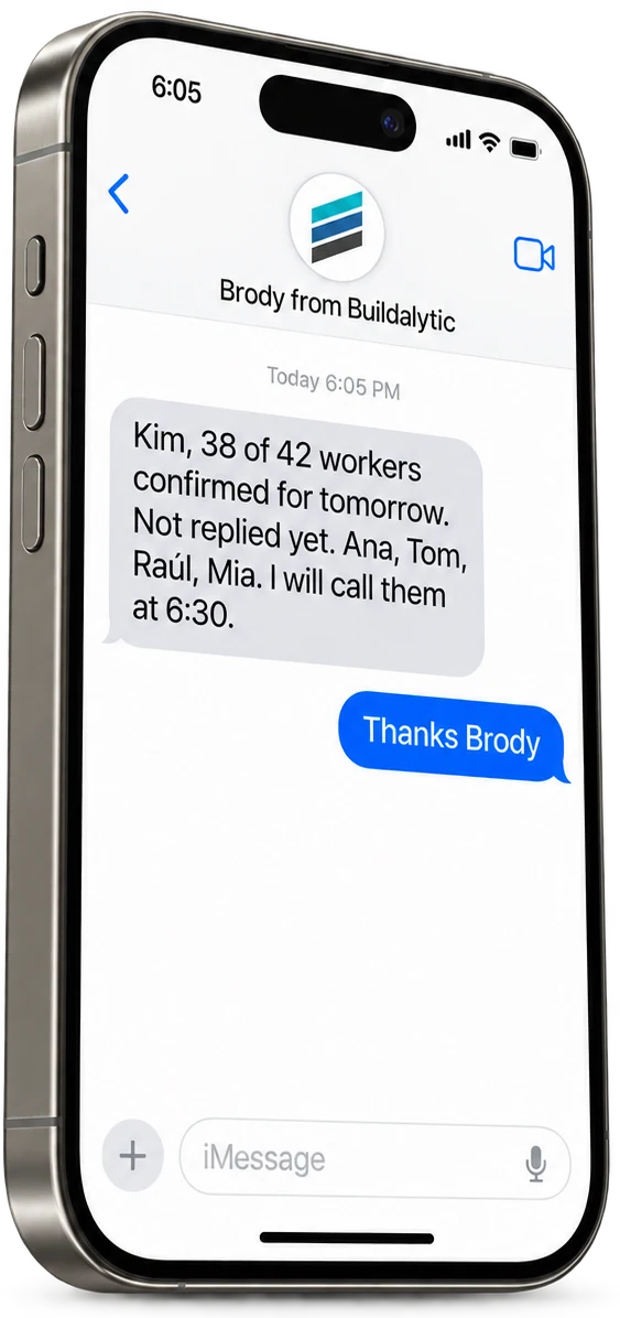 An iPhone Messages thread where Brody from Buildalytic tells Kim the PM that 38 of 42 workers confirmed for tomorrow and lists the four who have not replied