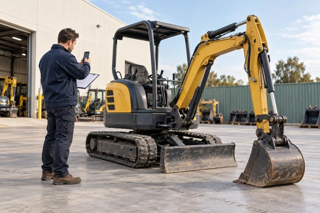 A fictional coordinator documents a parked mini excavator in a quiet rental depot.