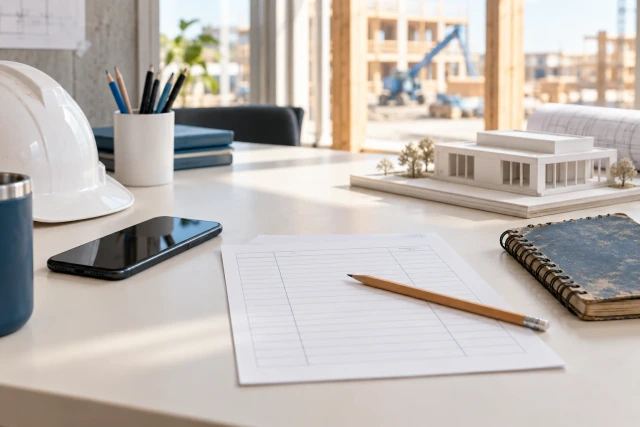 A phone, blank cost worksheet and architectural model on a construction office desk.