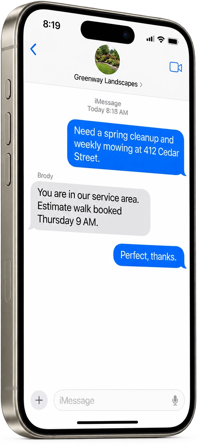 An iPhone Messages thread where Brody confirms the service area and books a spring cleanup estimate walk