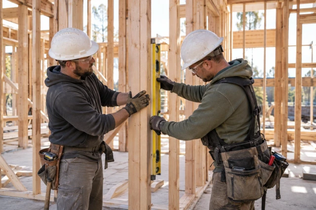 Two framing subcontractors checking a timber wall stud