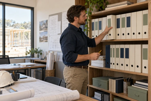 A project coordinator arranges separate plain binders with sage and navy tabs on an archive shelf.
