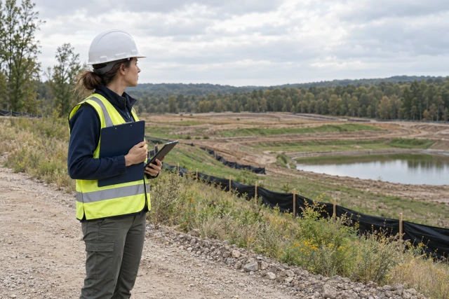 A fictional environmental coordinator holds a clipboard and tablet on a dry site path overlooking an inactive earthwork area.