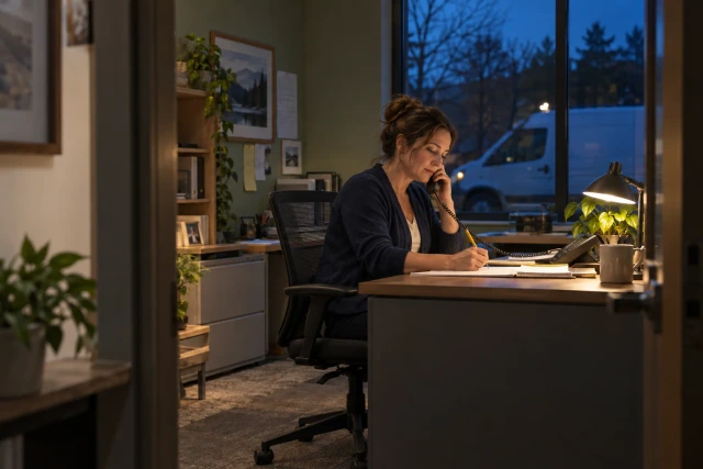 An on-call coordinator answers a phone in a softly lit construction service office at dusk.