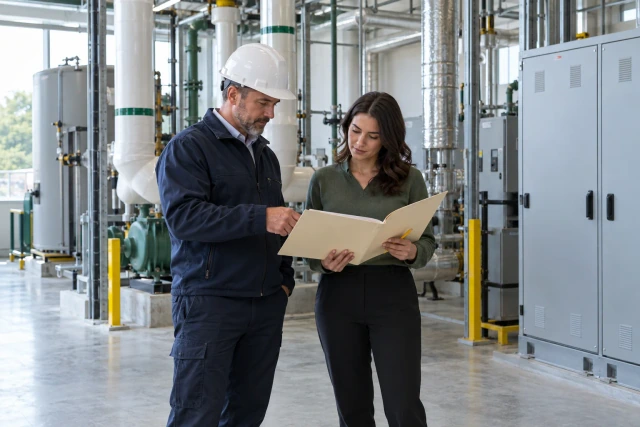 A commissioning coordinator and facilities representative review a plain packet in an unoccupied mechanical room.