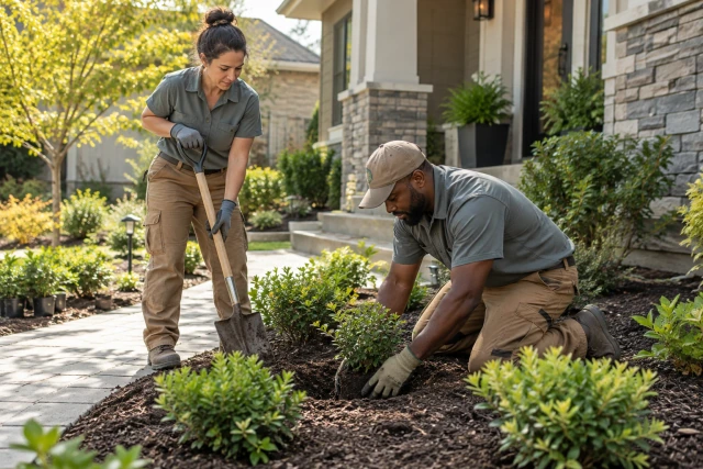 Two landscapers planting shrubs along a residential walkway