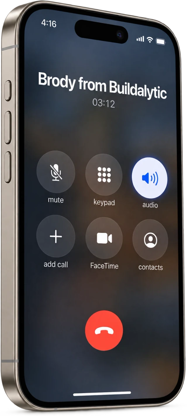 An iPhone showing the native call screen during a daily report call with Brody from Buildalytic