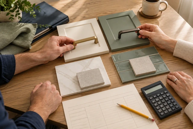 A builder and homeowner compare material samples beside an unlettered allowance worksheet and calculator.