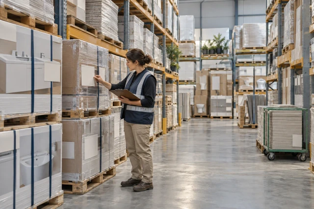 A fictional project coordinator compares a warehouse pallet label with a clipboard in a quiet aisle.
