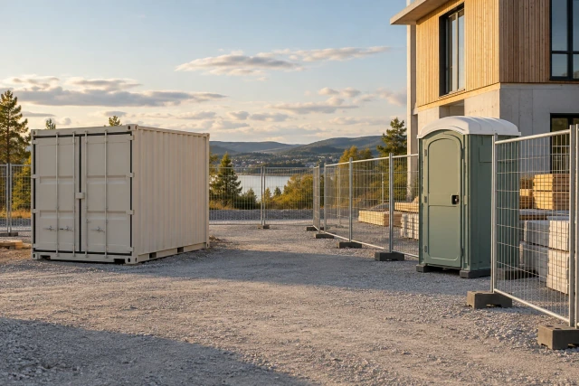 A fictional quiet temporary-service area with a storage container, fence panels and a portable restroom.