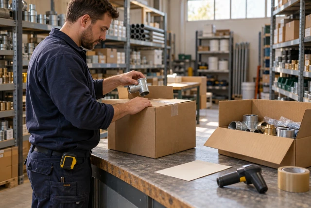 A warehouse coordinator checking an unused fitting and return carton beside a return slip at a contractor packing counter.