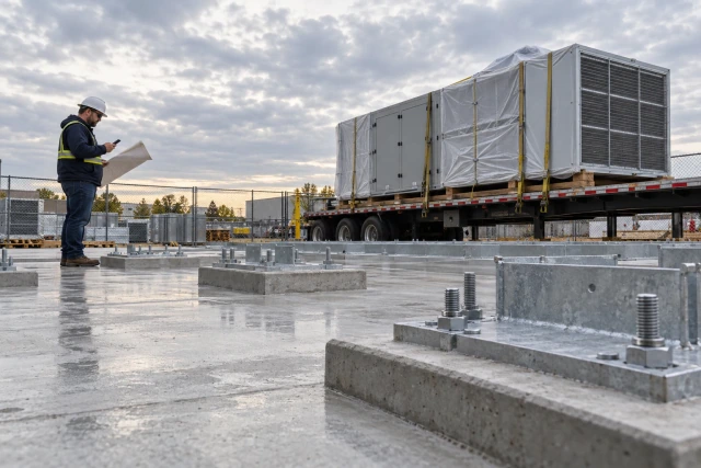 A superintendent checking a plan beside an empty mechanical equipment pad, with wrapped equipment on a stationary flatbed beyond the site fence.
