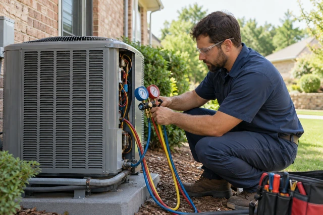 An HVAC technician checking gauges beside an outdoor condenser