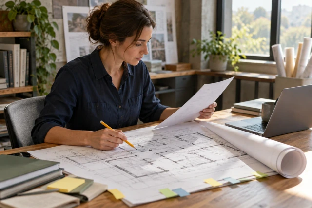 A construction coordinator compares a fictional comment sheet with drawings and page tabs in a quiet architecture studio.