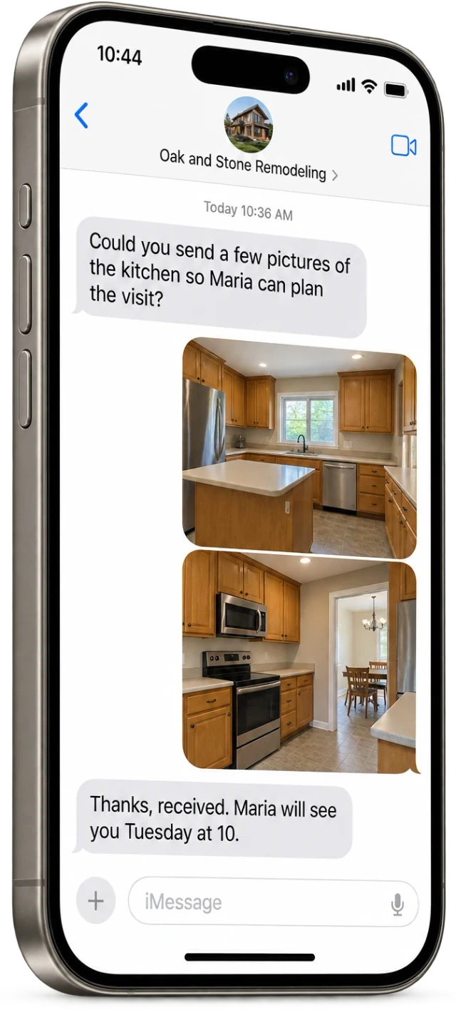 An iPhone Messages thread where Brody books a kitchen remodel consult and asks the homeowner for photos