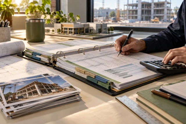 A contractor billing worksheet, calculator, tabbed supporting records and job photos arranged for review on an office desk.
