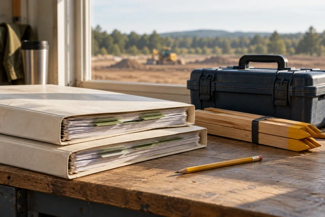 Two fictional plan folders, survey stakes and a closed instrument case on a civil field-office workbench.