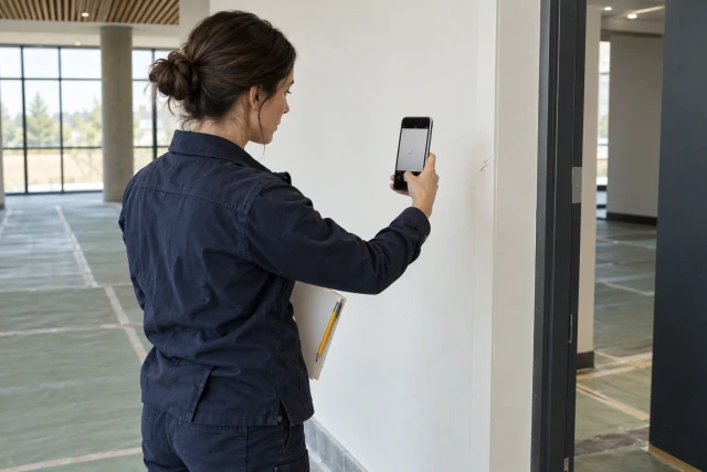 A fictional project coordinator photographs a small wall scuff in a quiet commercial interior.