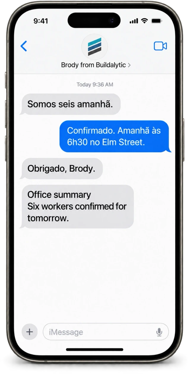 An ordinary Messages conversation in Portuguese with a short English summary for the office