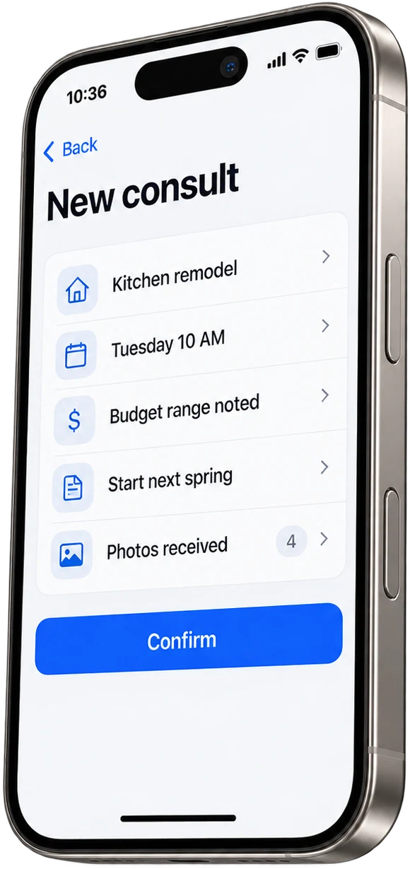 Illustrative phone showing a remodeling enquiry and next-step context