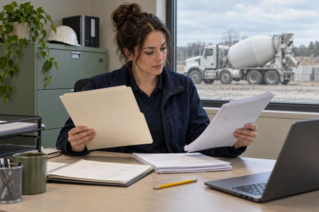 An administrator compares plain ticket and invoice packets at a site-office desk with a parked concrete mixer outside.