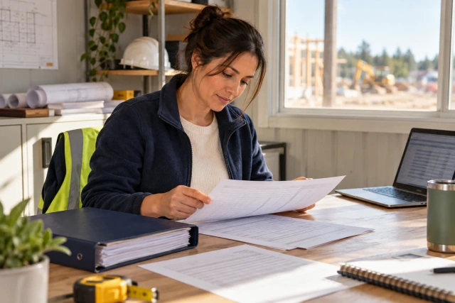 A fictional site-office administrator reviews plain training-record sheets beside a navy binder and laptop.