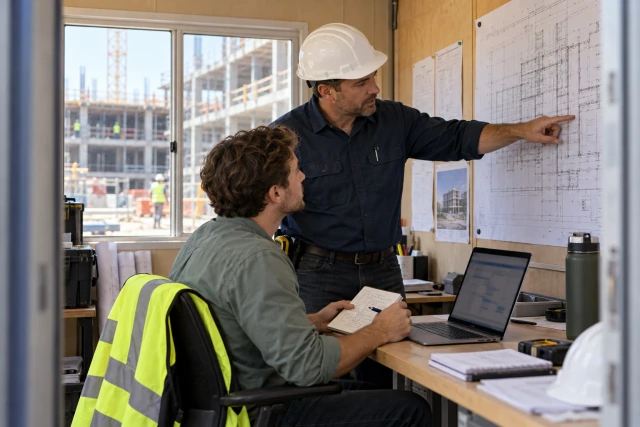 A superintendent and project engineer checking a field notebook, laptop and pinned project plan in a site trailer.