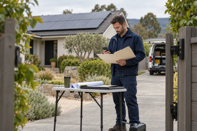 A solar project coordinator reviewing a folder and phone beside a home with rooftop photovoltaic panels.