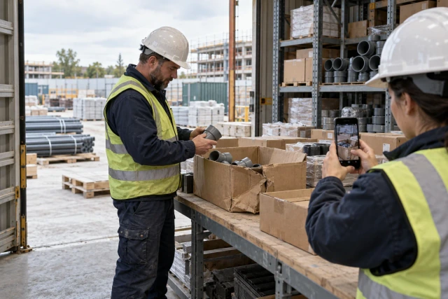 A foreman counts boxed fittings while a colleague photographs a crumpled carton in an orderly storage bay.