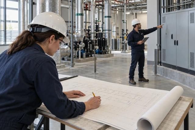Two construction coordinators compare a drawing with a mechanical-room setting from a safe floor position.