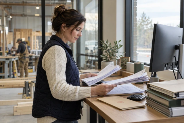 A construction billing specialist comparing two payment application packets at an office standing desk.