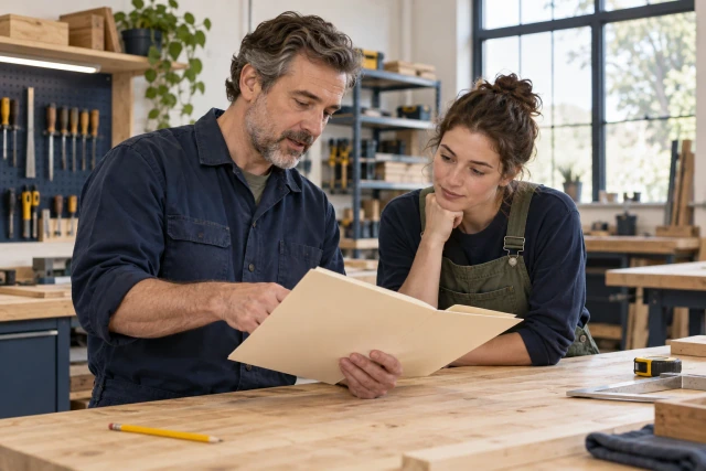 A fictional mentor and adult apprentice review a plain record folder at a quiet trades training bench.