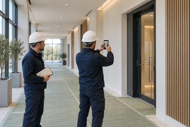 Two illustrative foremen recording the condition of a protected doorway in a completed commercial corridor.