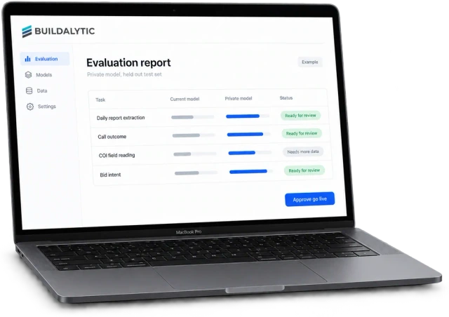 Illustrative Buildalytic browser workspace on a MacBook, using example project data