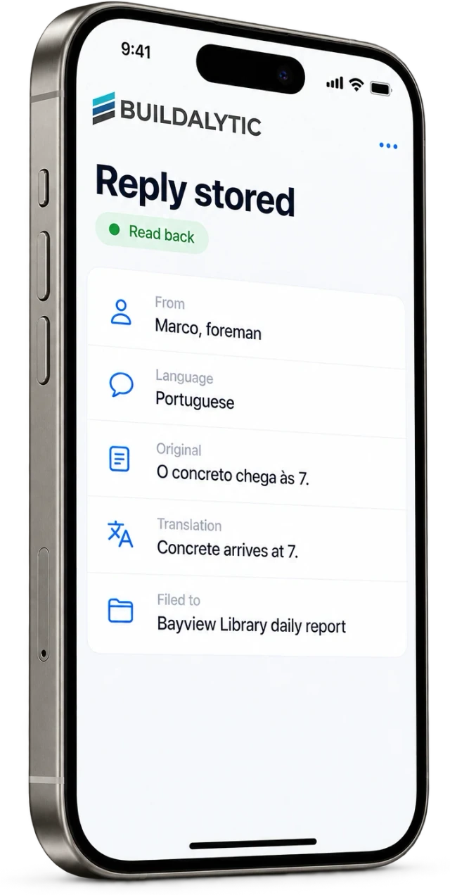 Illustrative phone showing a reply record and confirmation of translated details