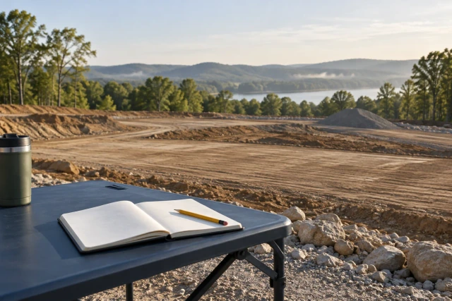 A fictional quiet graded site viewed from an overlook with a field notebook in the foreground.