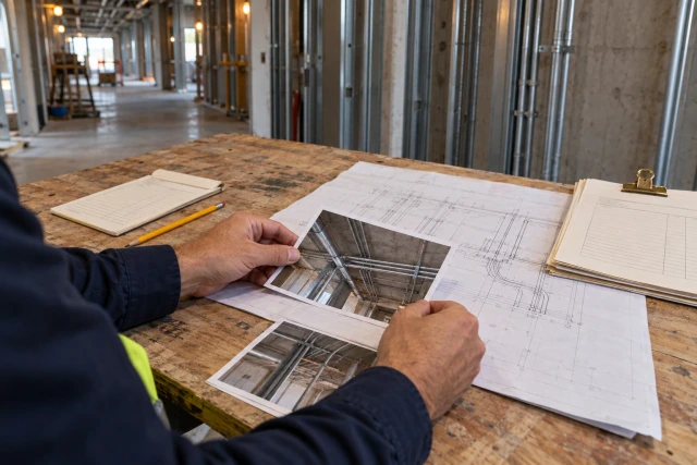 A site engineer organizing field photos, a drawing and paper records for a conduit reroute evidence packet.