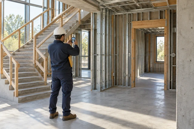 A construction coordinator photographs framing and a stairwell from a safe walkway.
