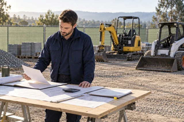 A rental coordinator compares unlettered quote sheets with a calculator beside parked compact equipment.