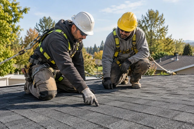 Two roofers in safety harnesses inspecting newly laid shingles