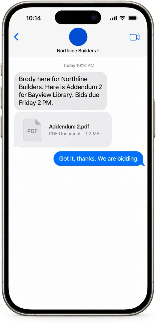 An iPhone showing a text from Brody with the Bayview Library Addendum 2 link and the sub's reply