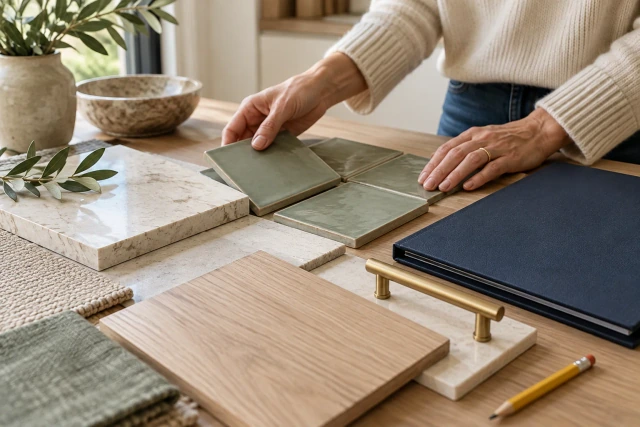 Fictional sage tiles, ivory stone, wood and a brass handle beside a navy selection folder in a design studio.