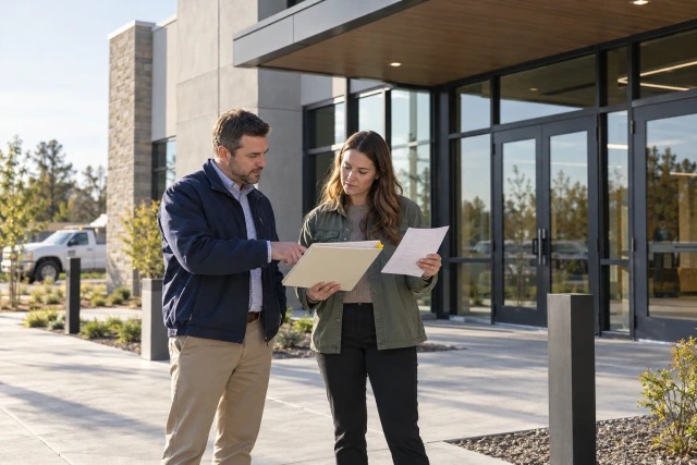 A project manager and construction finance coordinator reviewing a project binder outside a finished commercial entrance.