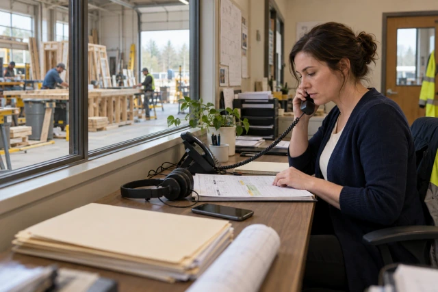 A contractor office coordinator taking a desk-phone call while checking a routing sheet beside a workshop window.